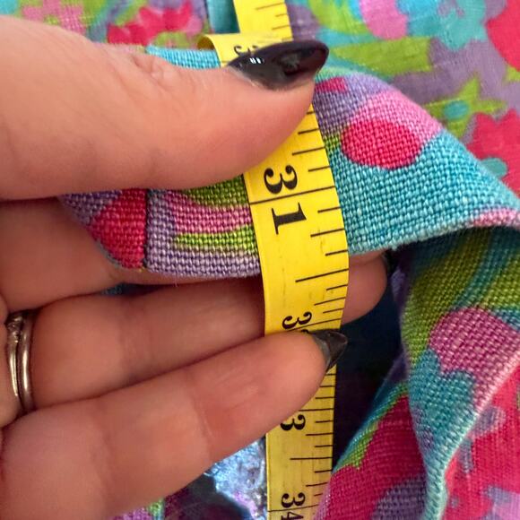 1960s Vintage Handmade Pink and Blue Floral Linen High Neck Shift Dress | Medium - Picture 6 of 7